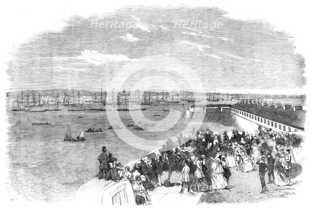 The Naval Review: the Queen's Yacht passing Fort Monckton - drawn by S. Read, 1856.  Creator: Edmund Evans.