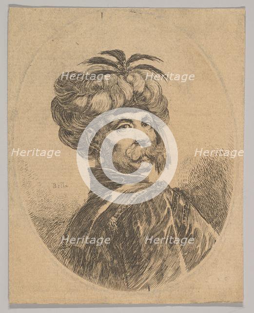 A Turkish man with a moustache, wearing a turban decorated with five egret feathers, turne..., 1650. Creator: Stefano della Bella.