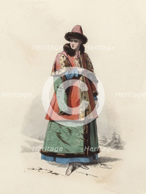 Daughter of Boyar Great Duke of Moscow in the Modern Age, color engraving 1870.