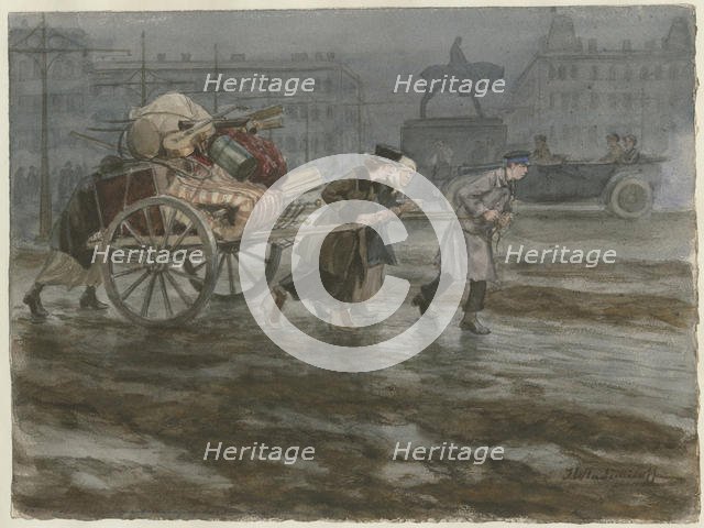 Family moving its belongings on cart (from the series of watercolors Russian revolution), 1917-1918. Artist: Vladimirov, Ivan Alexeyevich (1869-1947)