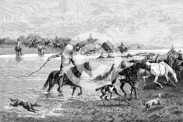 Kyrgyz crossing a river, Kyrgyzstan, 1895. Artist: Unknown