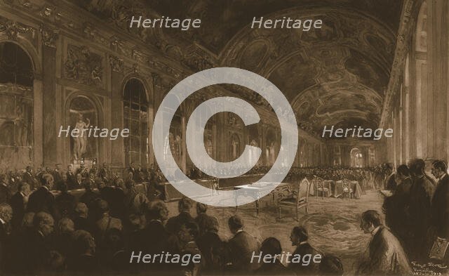 'Le congres de la paix dans la galerie des glaces du chateau de Versailles; M. Clemenceau..., 1919. Creator: Unknown.