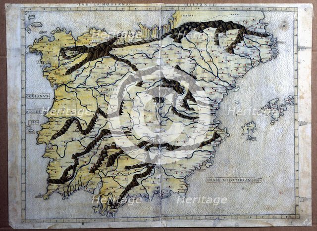 Map of Spain, underlining the mountain systems, Incunabulum, Florence, 1482.  Creator: Berlinghieri, Francesco di Nicola (1440-1501).