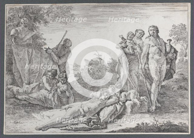 Nine Figures near a Herm of Pan, from "Bacchanals and Histories", 1744. Creator: Francesco Fontebasso.