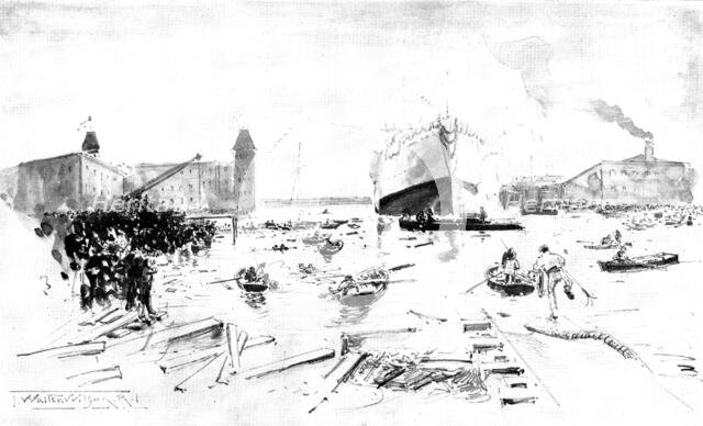 The Scene after the Accident: the launch of H.M.S. "Albion" at Blackwall, 1898. Creator: Unknown.