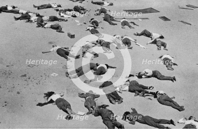 Spanish Civil War 1936-39. Madrid, Montaña headquarters, bodies of rebel soldiers in the headquar…