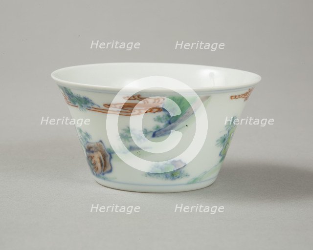 Doucai flared cup with two figures in a landscape, late Kangxi period (1700-1722). Artist: Unknown.