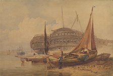 Coastal Scene with Beached Boats in Foreground, early-mid 19th century. Creator: Samuel Prout.
