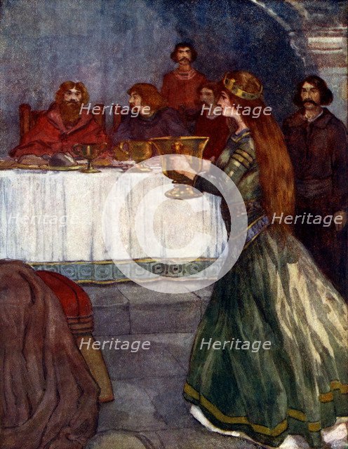 'Rowena came into the room carrying a beautiful golden cup', c430 AD, (1905). Artist: A S Forrest