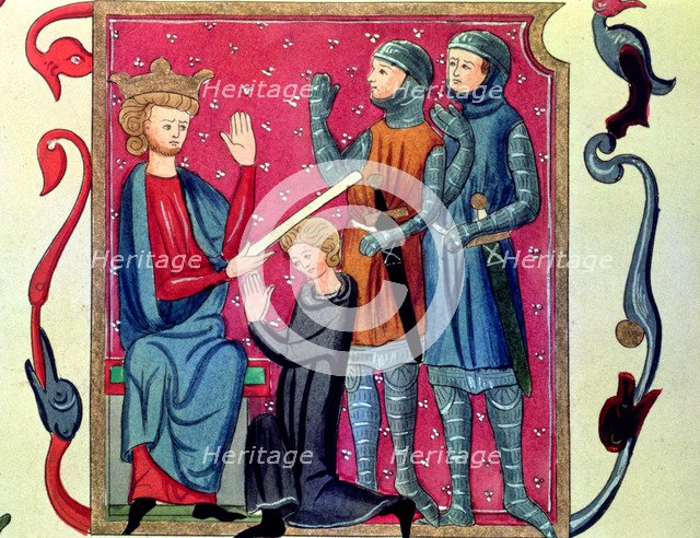 Investiture of a knight. Miniature in the 'Codex of Metz', 1290.