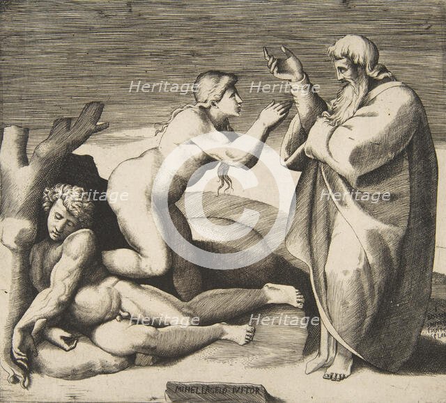 The creation of Eve who emerges from behind Adam, ca. 1530-70. Creator: Giulio Bonasone.