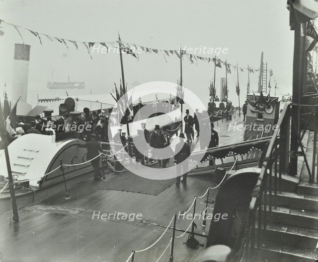 The Prince of Wales inaugurating the London Steamboat Service, River Thames, London, 1905. Artist: Unknown.