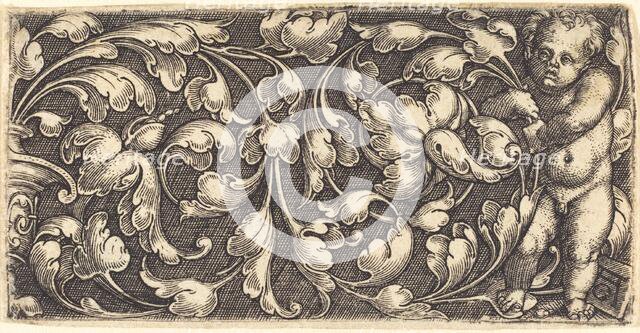 Naked Infant Holding a Double Scroll of Leafy Ornament. Creator: Heinrich Aldegrever.