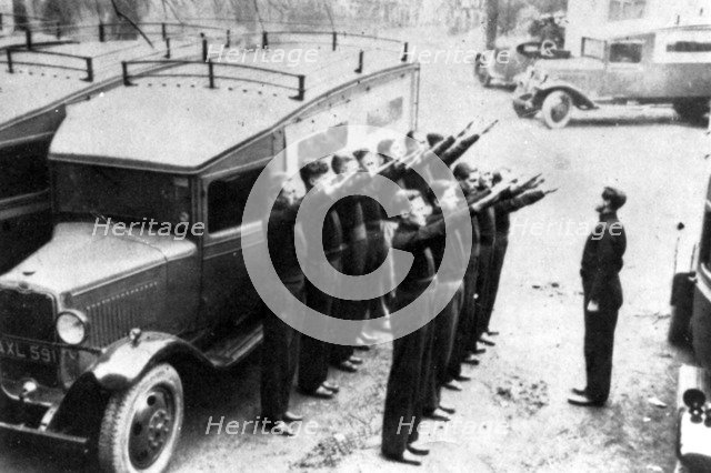 British Union of Fascists' Mobile Defence Squad parades its van at Black House, Chelsea, c1934. Artist: Unknown