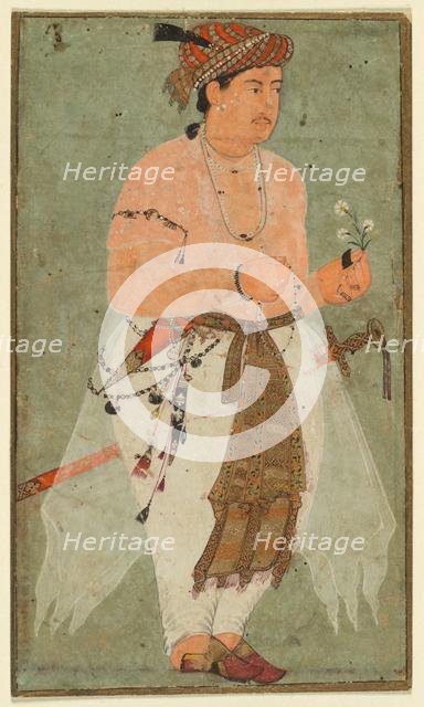 A Mughal Prince, Perhaps Danyal, Holding a Sprig of Flowers, c. 1580-1590. Creator: Unknown.