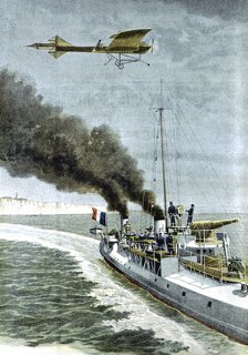 Hubert Latham attempting to fly his Antoinette monoplane across the English Channel, 1909. Artist: Unknown