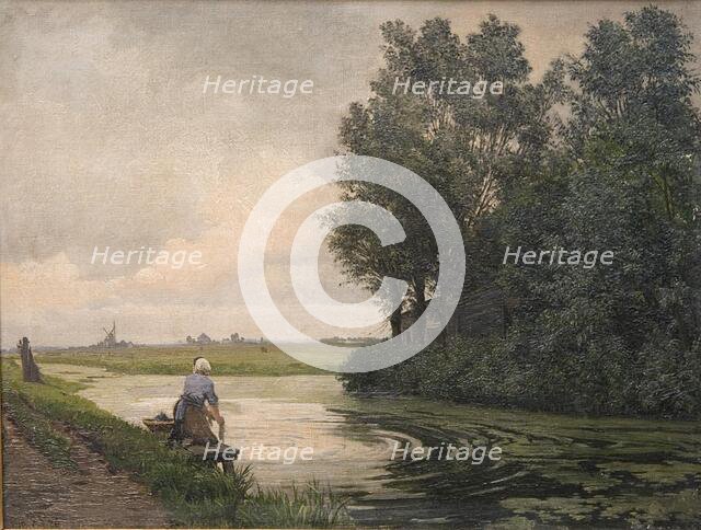 Dutch landscape; a girl washes by a canal, 1876. Creator: Edvard Frederik Petersen.