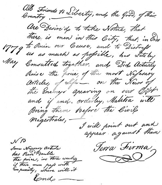 Facsimile of a declaration about the scarcity of food in America, 1779 (c1880). Artist: Unknown