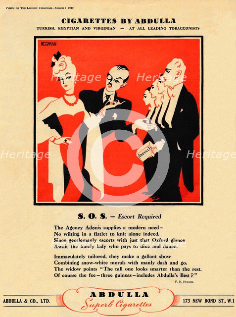 'Cigarettes by Abdulla - S.O.S. - Escort Required', 1939. Artist: Unknown.