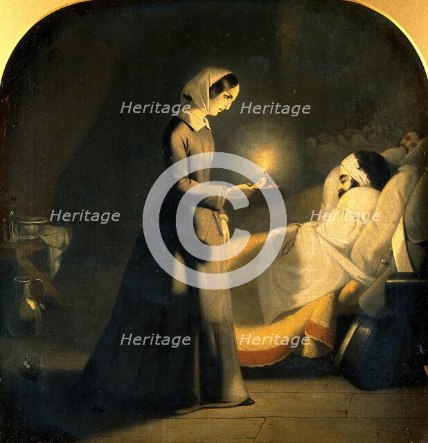 Florence Nightingale as the lady with the lamp. Creator: J. Butterworth.