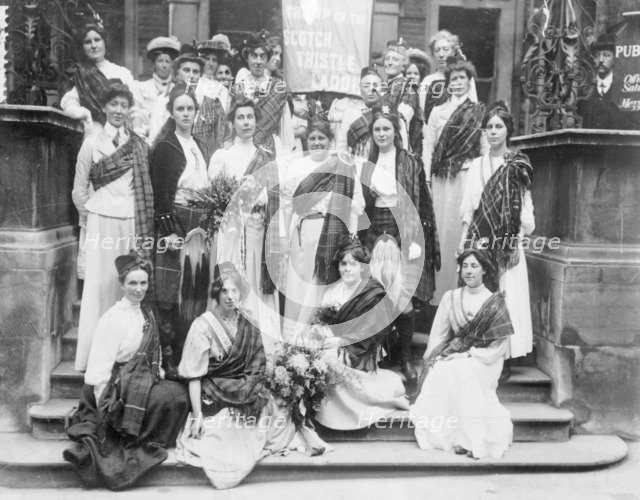 Scottish suffragettes welcoming Mary Phillips on her release from Holloway Gaol, August 1908. Artist: Unknown