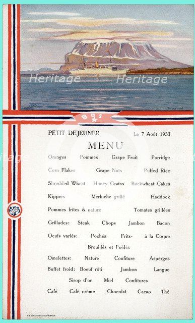 Tourist Menu of a cruise through the Norway fiords, 1933.