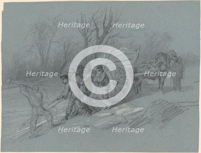 Workmen Gathering Ice at the Water's Edge, c. 1850. Creator: Hippolyte Lalaisse.