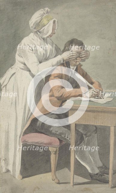 Girl covers the eyes of a youth, 1709-1789. Creator: Etienne Jeaurat.