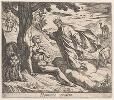Plate 2: The Creation of Man (Hominis creatio), from Ovid's 'Metamorphoses', 1606. Creator: Antonio Tempesta.