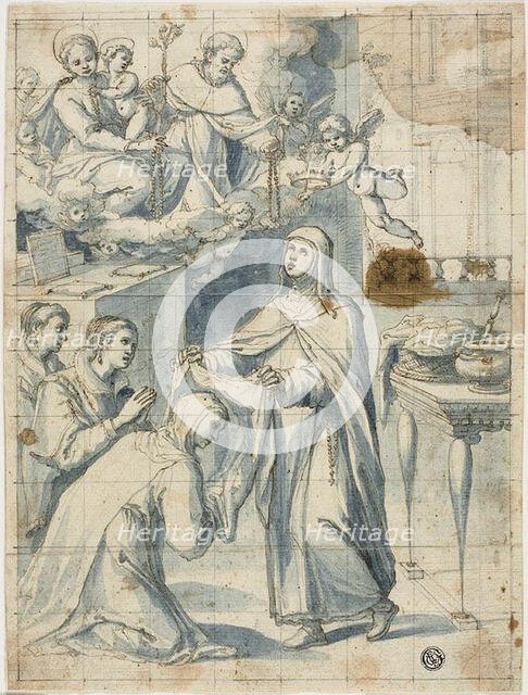 Female Dominican Saint Beholding the Virgin and Child and Saint Dominic, While..., n.d. Creator: Unknown.