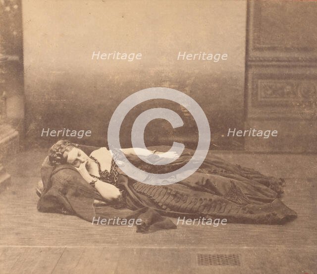 [La Comtesse Reclining in Dark Dress with Chain Around Neck], 1861-65. Creator: Pierre-Louis Pierson.