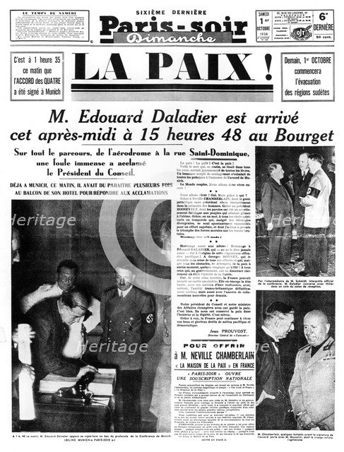 Peace!, front page of Paris-soir newspaper, 1 October 1938. Artist: Unknown