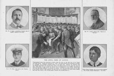 'The Awful News at Lloyd's', with portraits of some of those on board the 'Titanic', April 20, 1912. Creator: Unknown.