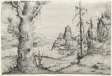 River landscape with large tree at left, 1546. Creator: Augustin Hirschvogel (German, 1503-1553).