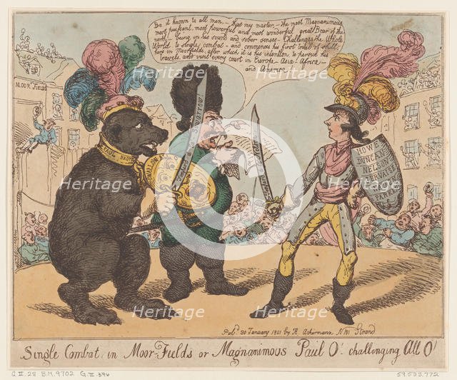 Single Combat in Moor-Fields or Magnamimous Paul O' challenging All O', Januar..., January 30, 1801. Creator: Thomas Rowlandson.