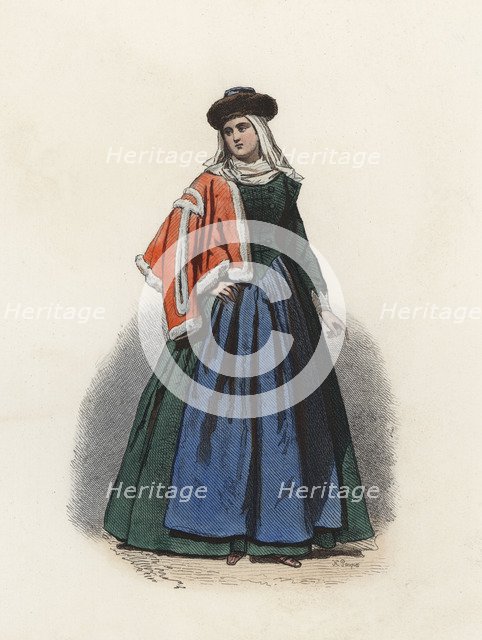 Woman of a Polish affluent from Krakow, in the modern age, color engraving 1870.