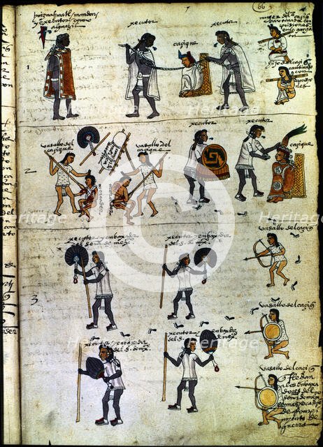 Codex Mendoza (1535 - 1550), hieroglyph depicting the execution and destruction of a rebel... Creator: Unknown.