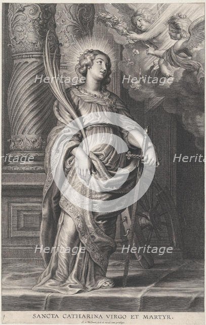 Saint Catherine holding palm leaves and a sword, two putti overhead holding a laure..., ca. 1625-59. Creator: Boetius Adams Bolswert.