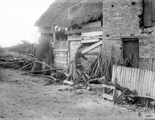 A woman sawing logs outside an outbuilding used as a wood store, Godstow, Oxford, Oxfordshire, 1900. Creator: Henry Taunt.