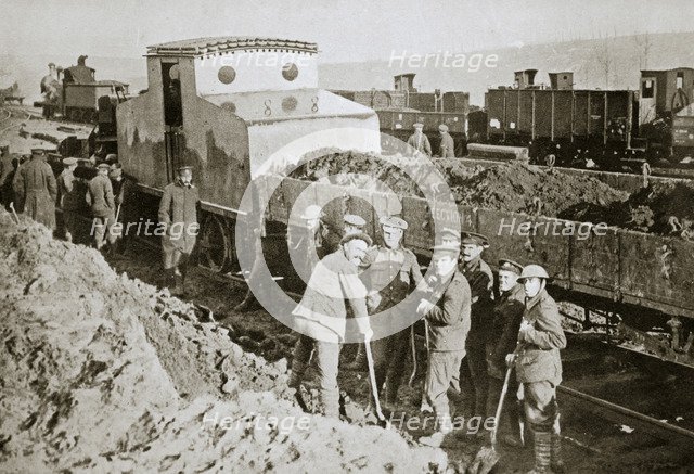 British armoured railway engine, France, World War I, 1916. Artist: Unknown