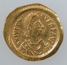 Gold Tremissis of Emperor Justinian I, Byzantine, 527-602. Creator: Unknown.