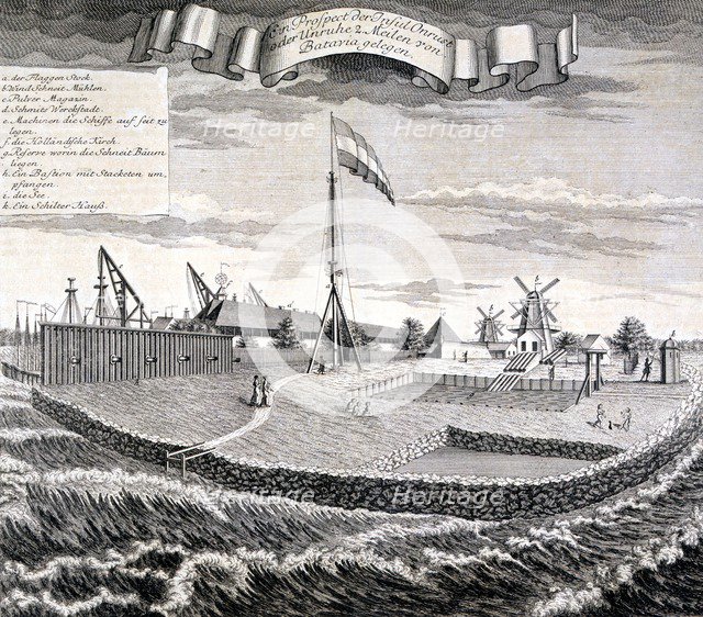 Dutch East India Company wood or saw mill on the island two miles from Batavia ?, pub. 1744. Creator: Johann Wolfgang Heydt (fl. 1738).