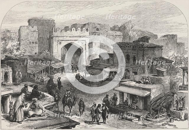 British-Afghan war, scenes in the city of Kabul. Afghanistan entrance gate and market bazaars, No…