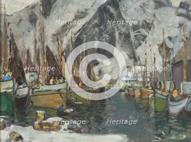 Among the Fishing Boats in Svolvaer. Study from Lofoten, 1934. Creator: Anna Katarina Boberg.