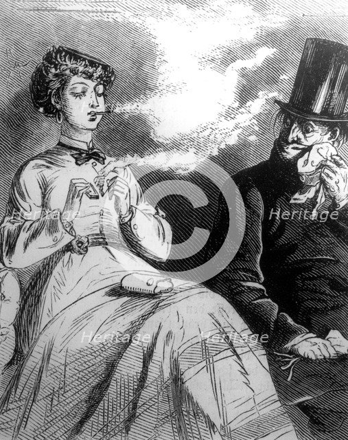 Woman smoking a menthol cigarette, 1860. Artist: Unknown