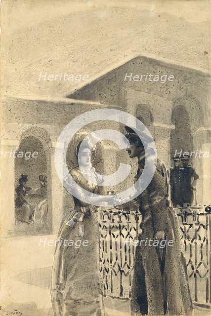 Princess Mary and Grushnitsky. Illustration to the novel A Hero of Our Time by Mikhail Lermontov, 1891. Artist: Vrubel, Mikhail Alexandrovich (1856-1910)