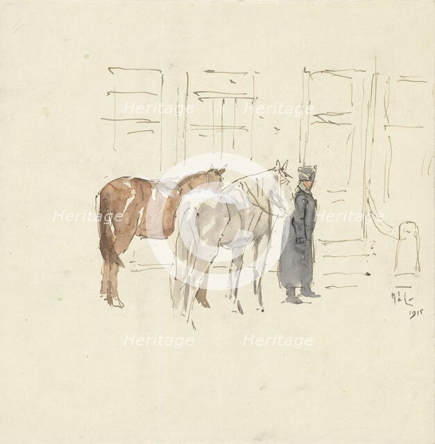 Man with two horses in front of a building, 1915. Creator: Adolf le Comte.