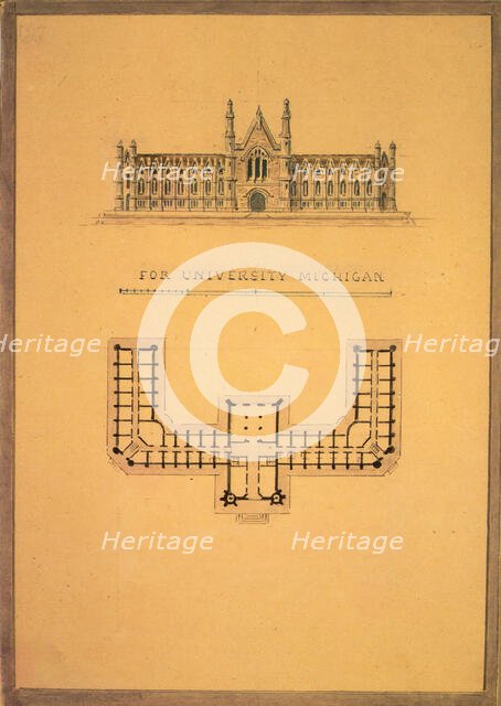 Design for University of Michigan (elevation and plan), ca. 1838-39. Creator: Alexander Jackson Davis.