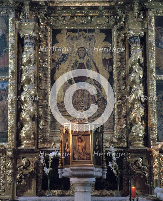 Detail of one of the tables with the representation of the patron saint of the altarpiece in the …