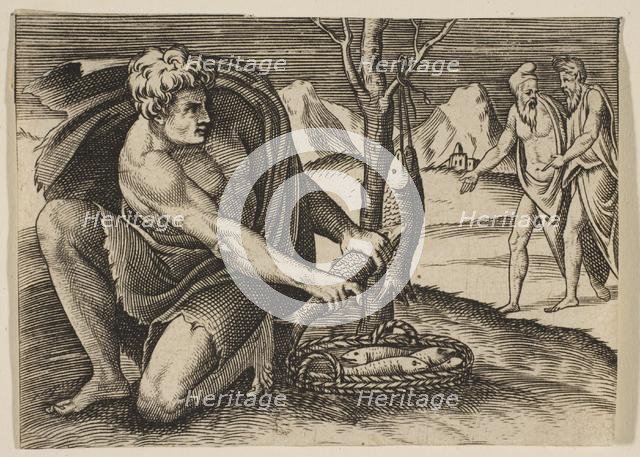 A man kneeling next to a basket of fish and taking one with both hands, two men at ..., ca. 1515-27. Creator: Marco Dente.